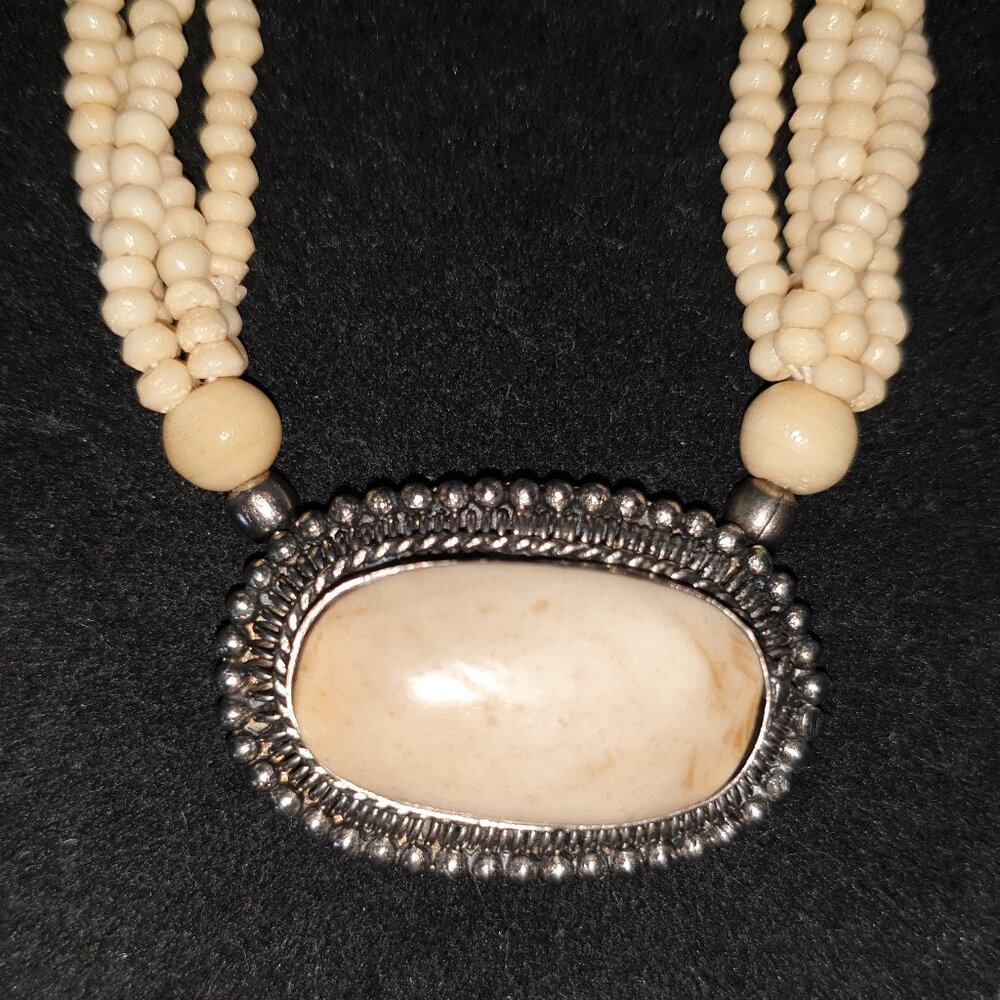 Antique Vintage Native American Silver Carved Bone Silver Necklace – RARE FIND